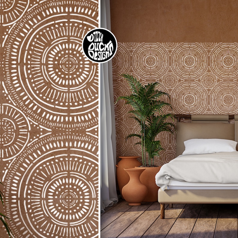 May include: A brown wall with a white geometric pattern of circles and lines. The pattern is repeated across the wall. A potted plant is in front of the wall. A bed with white linens is in front of the plant. The text "OZZY DUCKS DESIGNS" is in the upper left corner of the image.