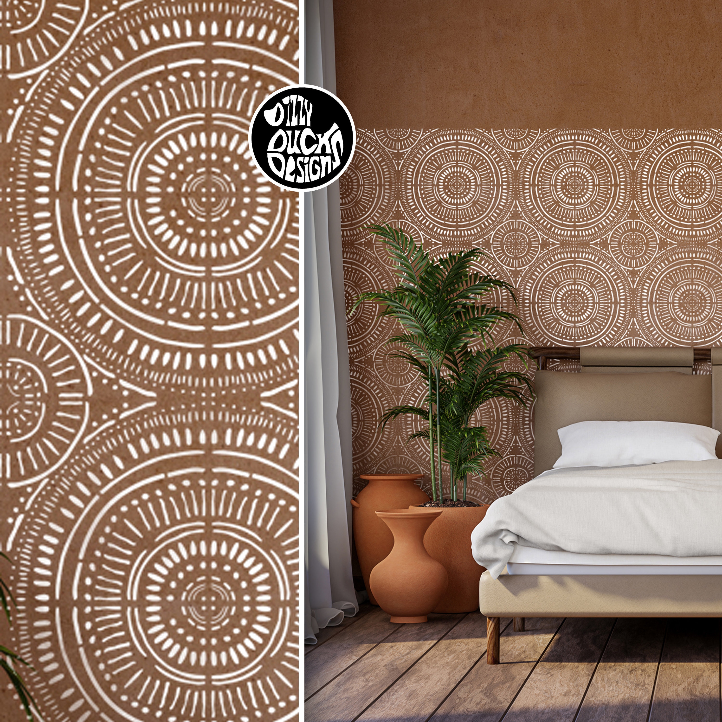 Boho Wall Stencil for Painting Faux Tile Effect on Walls Concrete Patios Paths or Floors - TALARA Boho Stencil by Dizzy Duck