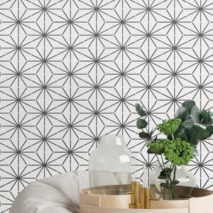 Puede incluir: Una pared blanca con un patrón geométrico de estrellas negras. La pared está decorada con un jarrón de vidrio transparente con plantas verdes y un jarrón de vidrio transparente con una vela.