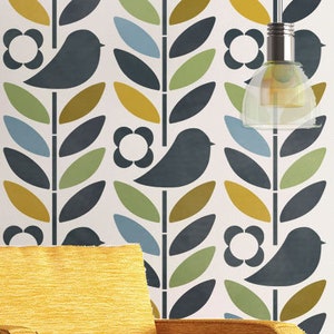 Dizzy Duck Retro Bird Leaf Stencil - Large Scandi Stencil for Walls - 60s Abstract Modern Wall Stencil - Stockholm