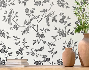 Chinoiserie WALL STENCIL - Bird Flower Oriental Stencil for Painting Walls - Botanical Plant Stencil