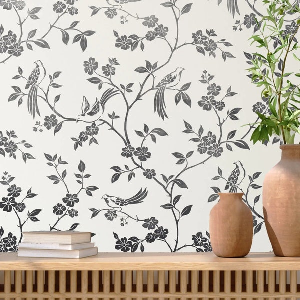 Chinoiserie WALL STENCIL - Bird Flower Oriental Stencil for Painting Walls - Botanical Plant Stencil