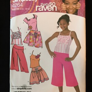 May include: Simplicity sewing pattern 4264 for girls' clothing, featuring a pink and white striped tank top, pink pants, and a pink and white gingham skirt. The pattern is for sizes 8 1/2 to 16 1/2 and also includes a plus size option. The pattern is from the "That's So Raven" television show.