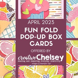 Op de afbeelding: Een paarse achtergrond met de tekst "APRIL 2023 FUN FOLD POP-UP BOX CARDS OFFERED BY creative Chelsey sharing and inspiring everyday creativity images © Stampin' Up!" De achtergrond is omringd door vier afbeeldingen van pop-up kaarten met verschillende thema's.
