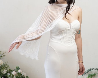 Lace Edge Bridal Scarf, Lace Wedding Scarf Veil, Pleated Neck Scarf, Bridal Scarves, Soft Ivory Lace Wedding Wrap Narrow Lace Necktie Veil