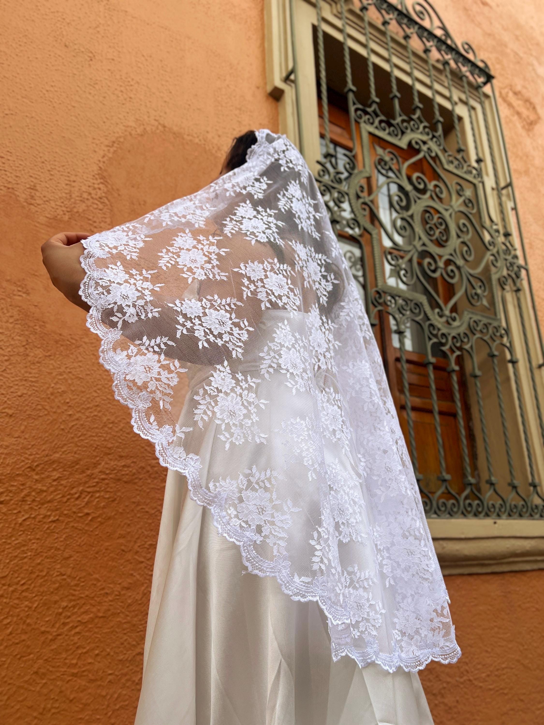 Chantilly lace bridal veil with fine net ground and floral motifs silk blend