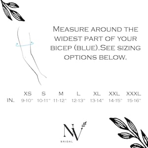May include: A sizing chart with a line drawing of an arm showing where to measure the bicep. Text reads: MEASURE AROUND THE WIDEST PART OF YOUR BICEP (BLUE). SEE SIZING OPTIONS BELOW. Sizes XS to XXXL are listed with measurements from 9-10 to 15-16 inches.