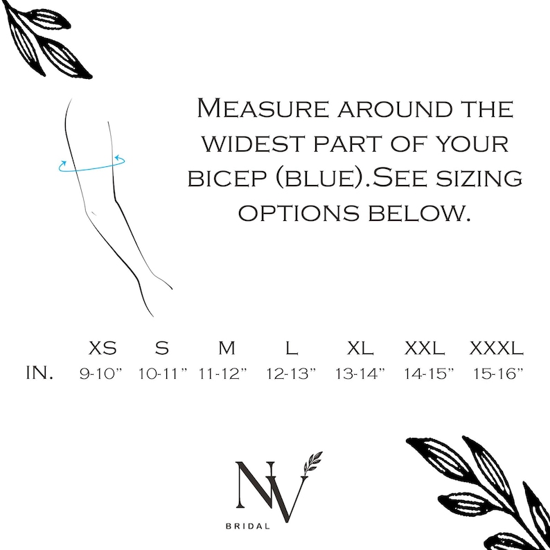 May include: A sizing chart with a line drawing of an arm showing where to measure the bicep. Text reads: MEASURE AROUND THE WIDEST PART OF YOUR BICEP (BLUE). SEE SIZING OPTIONS BELOW. Sizes XS to XXXL are listed with measurements from 9-10 to 15-16 inches.