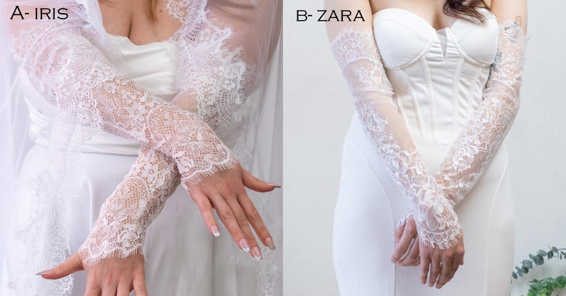 May include: Two pairs of white lace fingerless gloves. Option A-IRIS features a dense floral lace pattern with scalloped edges. Option B-ZARA displays a sheer mesh base with intricate floral lace detailing extending from the wrist to the forearm.