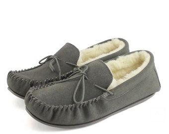 mens grey sheepskin moccasin slippers