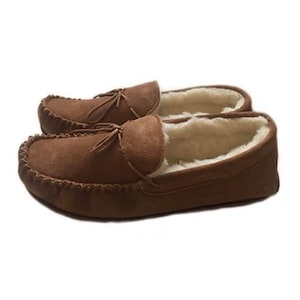 mens tan sheepskin moccasin slippers image 1