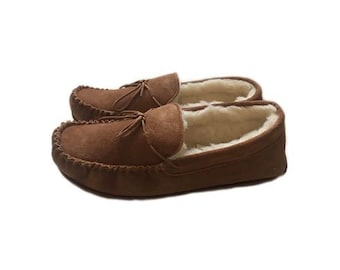 mens tan sheepskin moccasin slippers