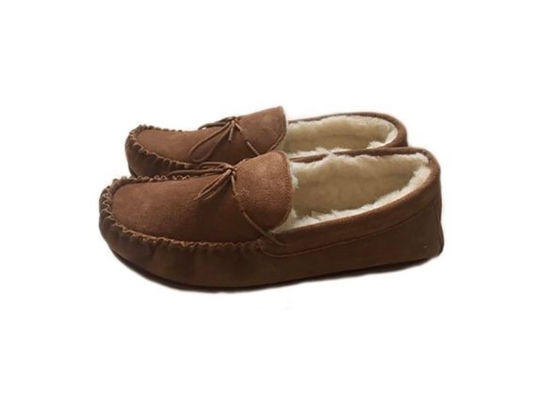 mens tan sheepskin moccasin slippers image 1