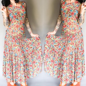 Vintage Silk Chiffon Drop Waist Maxi Dress | L