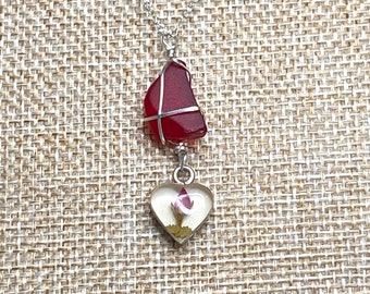 Genuine Red Sea Glass 925 Sterling Silver Necklace with Heart 16”