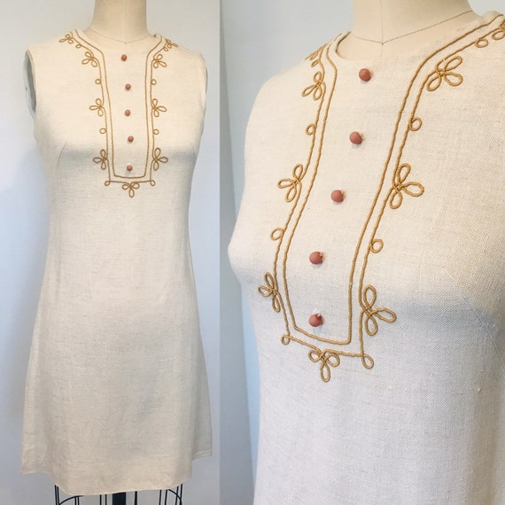 60’s Gay Gibson Raw Linen Shift Dress | S - image 1