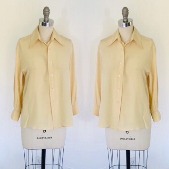 70's Silk Button Front Blouse 3/4 Sleeve | M - image 1