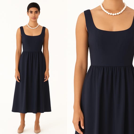 navy silk shift dress 50's Navy Silk Classic Shift Dress l M