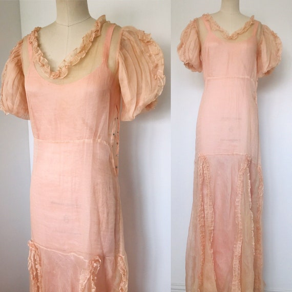 1920's Sheer Organza Drop Waist Dress with Under S