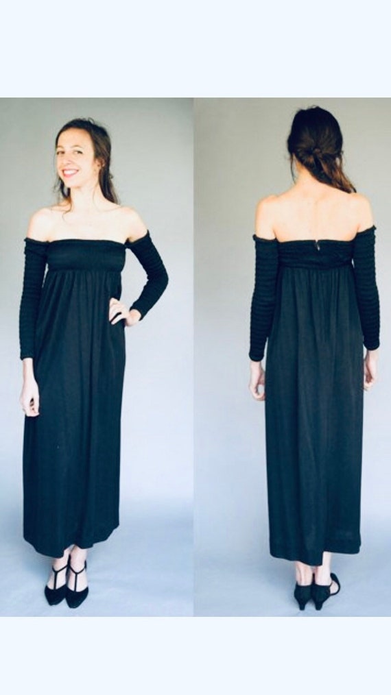 70's Mr. Mort Ruched Jersey Black Knit Maxi Dress