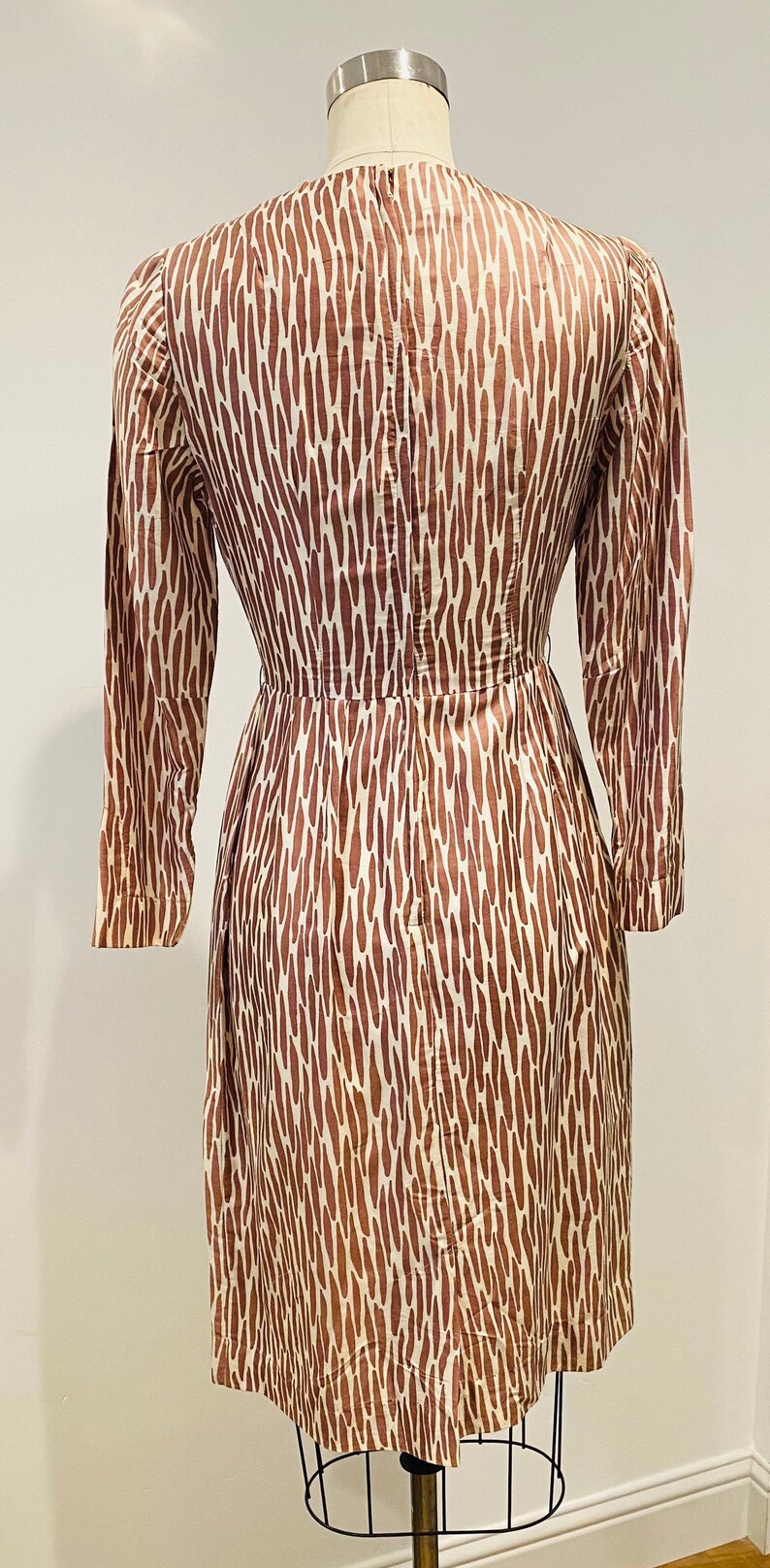 50's Silk Zebra Print Dress Ivory & Brown S image 3