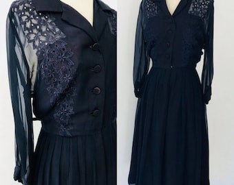 50's Silk Chiffon Embroidered Cocktail Dress Navy| M/L