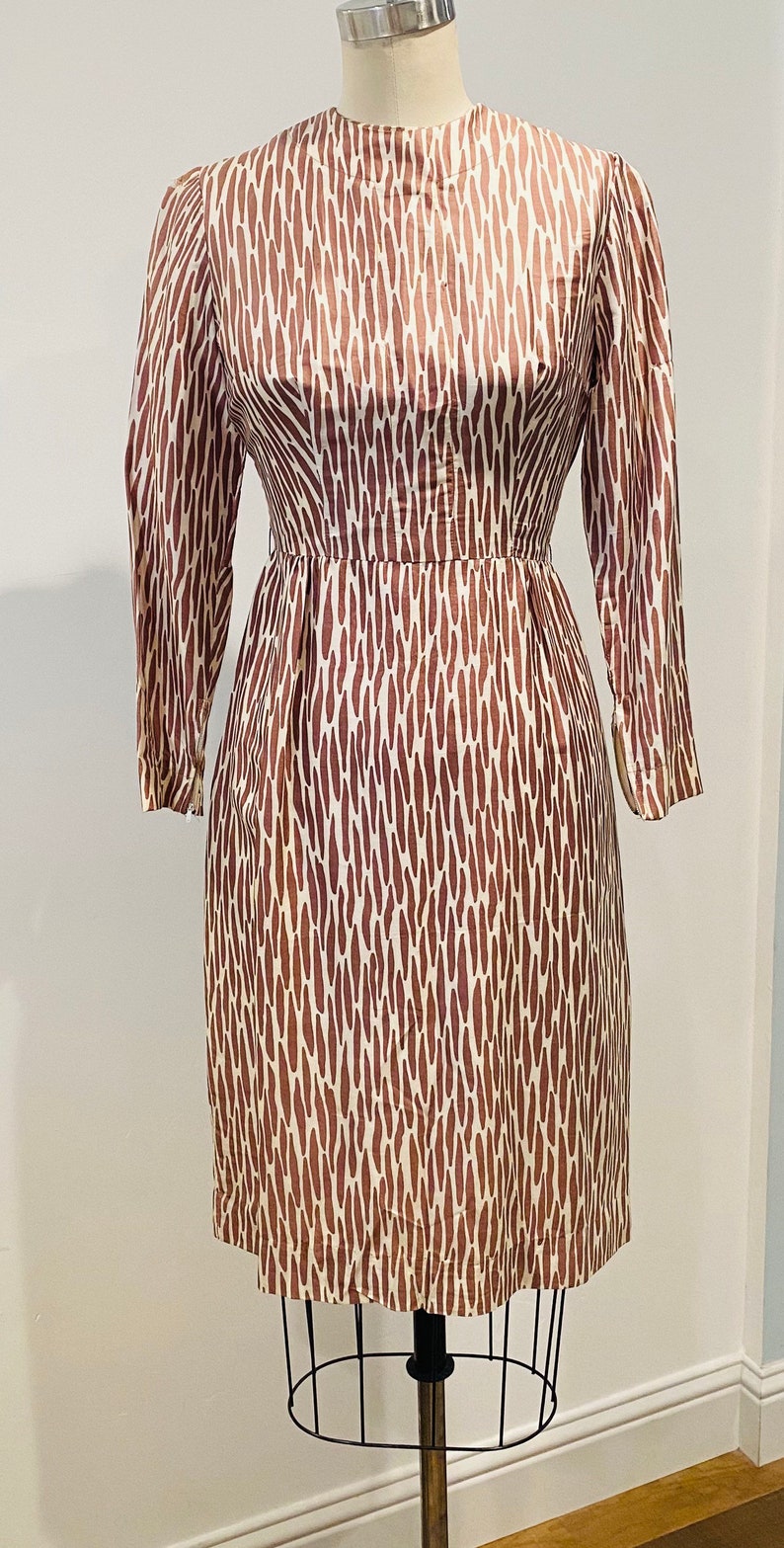 50's Silk Zebra Print Dress Ivory & Brown S image 2