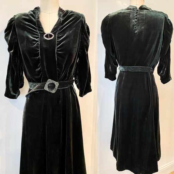 40’s Bejeweled Silk Velvet Dress in Hunter Green |
