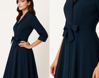 May include: A navy blue dress with a button-down front, a collared neckline, and a matching tie belt. The dress has three-quarter sleeves and a flared skirt. The dress is made of a smooth, solid fabric.