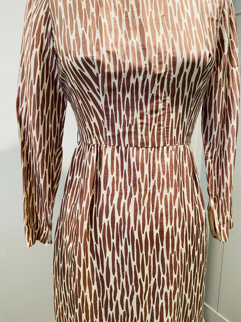 50's Silk Zebra Print Dress Ivory & Brown S image 5