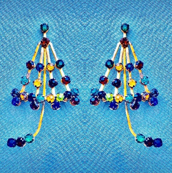 40's Umbrella Brooch Rainbow Crystals on Brass