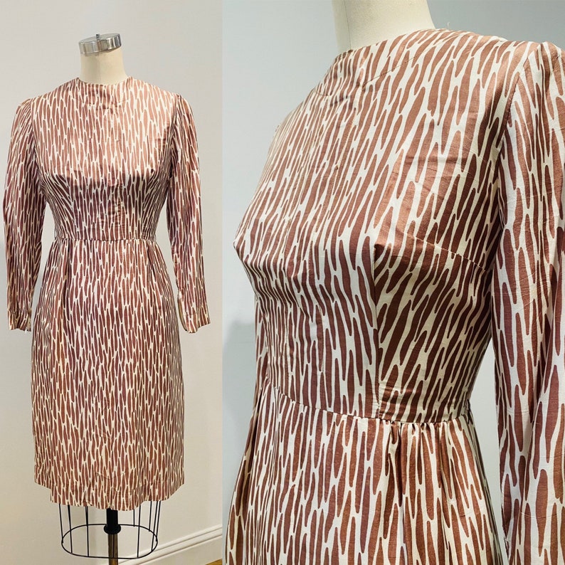50's Silk Zebra Print Dress Ivory & Brown S image 1