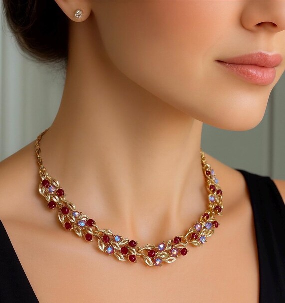 50’s Signed Lisner Ruby Red Cut Crystal Necklace … - image 2