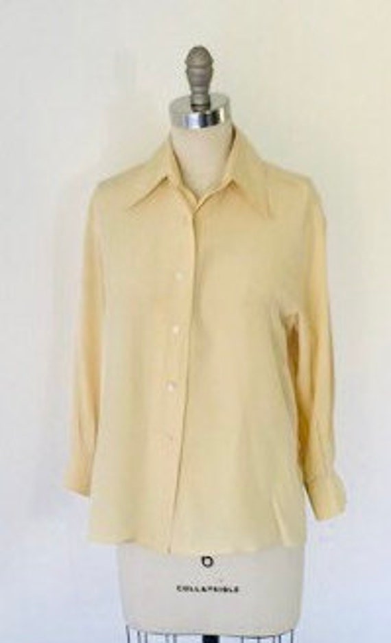 70's Silk Button Front Blouse 3/4 Sleeve | M - image 2