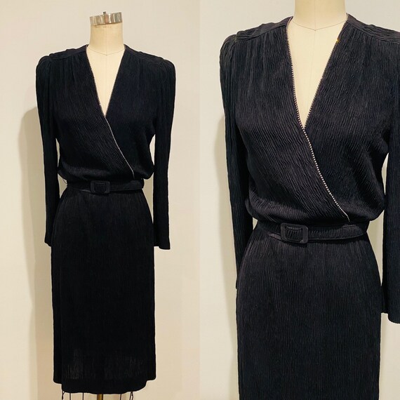 80’s Leslie Fay Black Krinkle Cocktail Dress w/Rhi