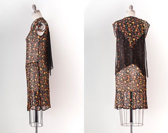 1920’s Silk Chiffon Floral Flapper Dress with Cape | XS