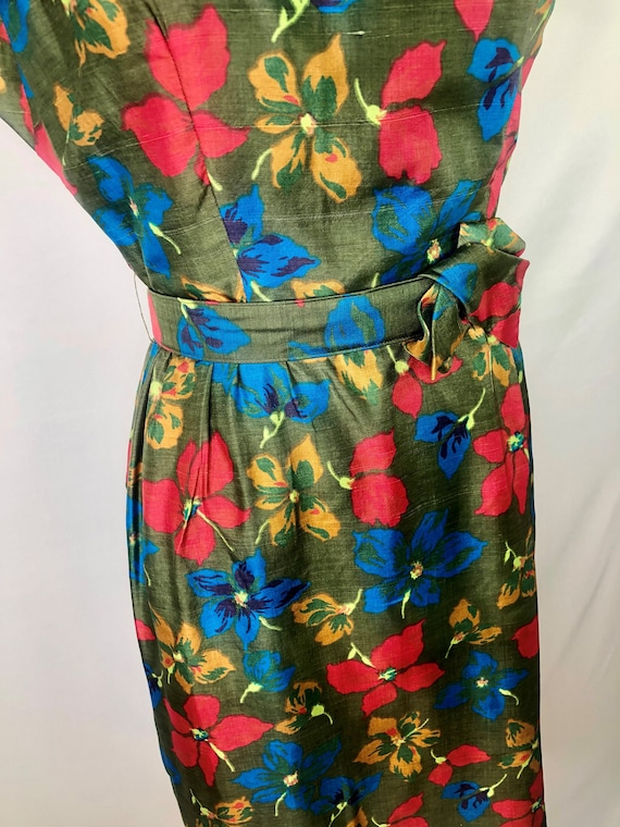 Vintage 1960's Hayette Blue and Green Floral Silk 