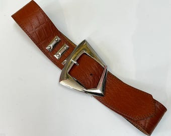 Vintage Leather Brown Big Buckle Belt, Made in France, Women’s S
