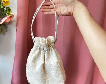 1960s White and Pale Pink Beaded Bucket Handbag, Drawstring