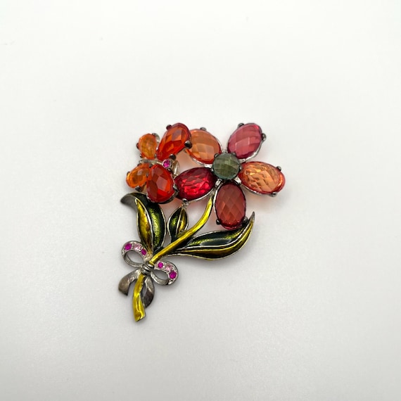Vintage Stained Glass Floral and Butterfly Brooch