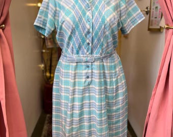1960s Teal and White Plaid Dress by Glenbrooke Penn-Prest Women’s 22