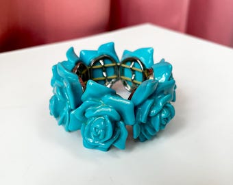 Tutti Frutti Teal Plastic Roses Floral Stretch Bracelet