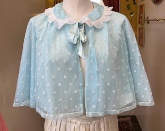 Vintage 1950s Light Blue Polka Dot Bed Jacket by Odette Barsa