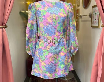 1960’s Pastel Floral Long Sleeve Dress Handmade, Women’s M-L