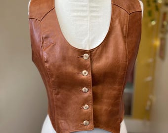 Vintage Caramel Brown Leather Vest by Lady Scully Women’s 16