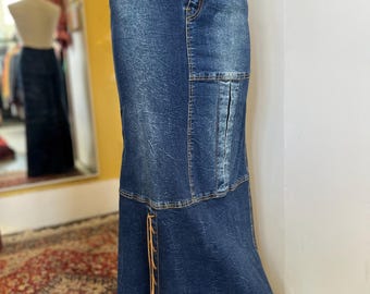 Y2k Denim Maxi Skirt with Lace Up Detail by Eve Jeans 27” Waist