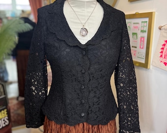 Gothic Black Lace Long Sleeve Button Blouse/Jacket by Talbots, Women’s 6 petite