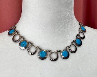 Vintage Taxco Sterling Silver Mexico Thin Inlaid Turqoise Hammered Chain Necklace 16.5”