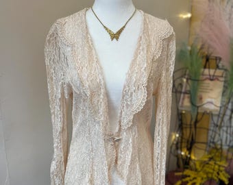 90s Cream Lace Long Sleeve Cardigan by SL Fashions Women’s 10