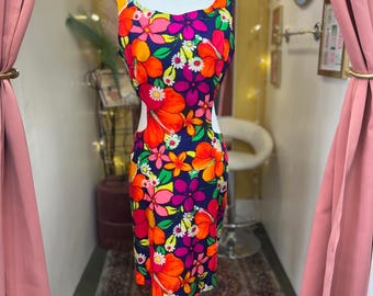 1960s Hawaii Floral Cut Out Waist Mini Dress by Tina Fashions, Women’s XS-S